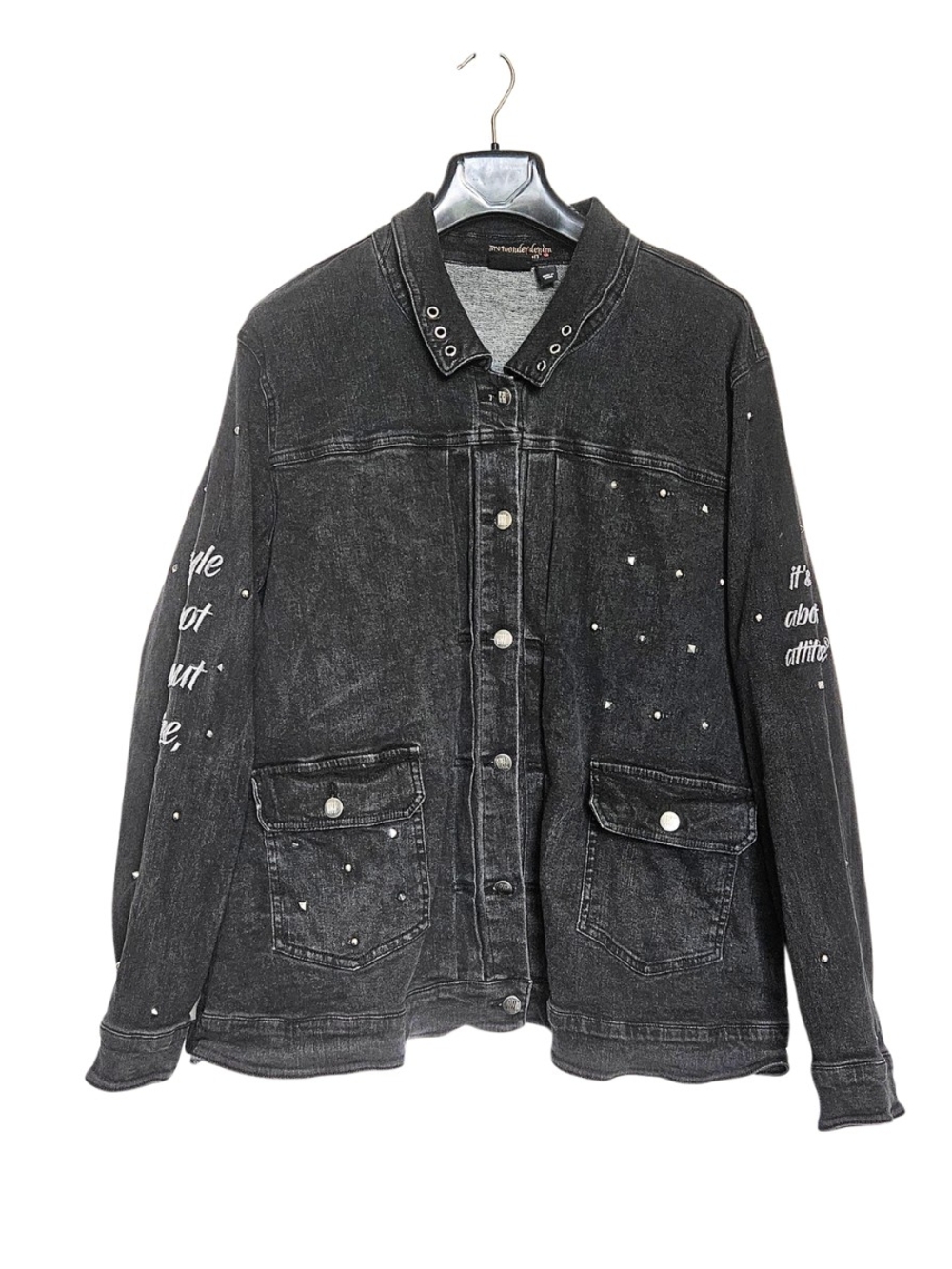 Women with Control Women's Plus Size 3X Black Distressed Studded Denim Jacket